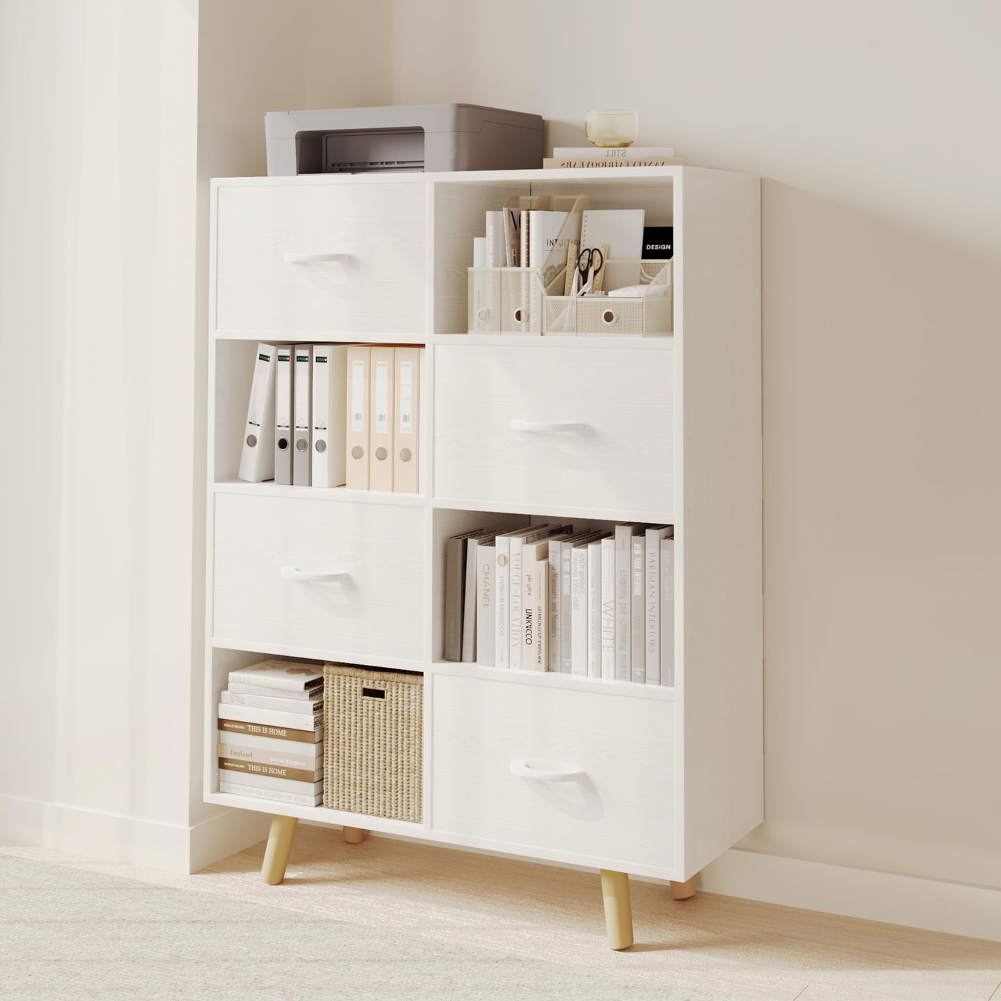 ELYUP Bookcase with Fabric Storage Bins - 8 Cube Organizer Display Bookshelf for Home Office, White