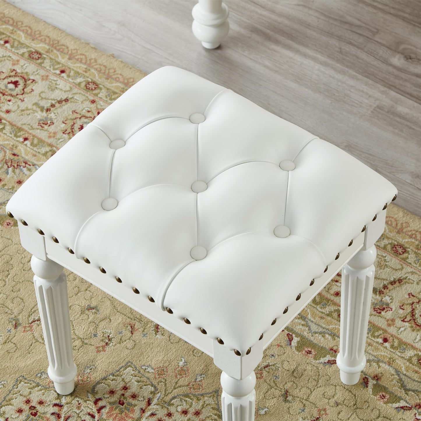 KIVSON Vanity Bench Stool with Microfiber Leather Cushion, Vanity Chair Ottoman Dressing Stool with Solid Wood Legs for Bedroom, Makeup Room, Dressing Room, Easy Assembly (White)
