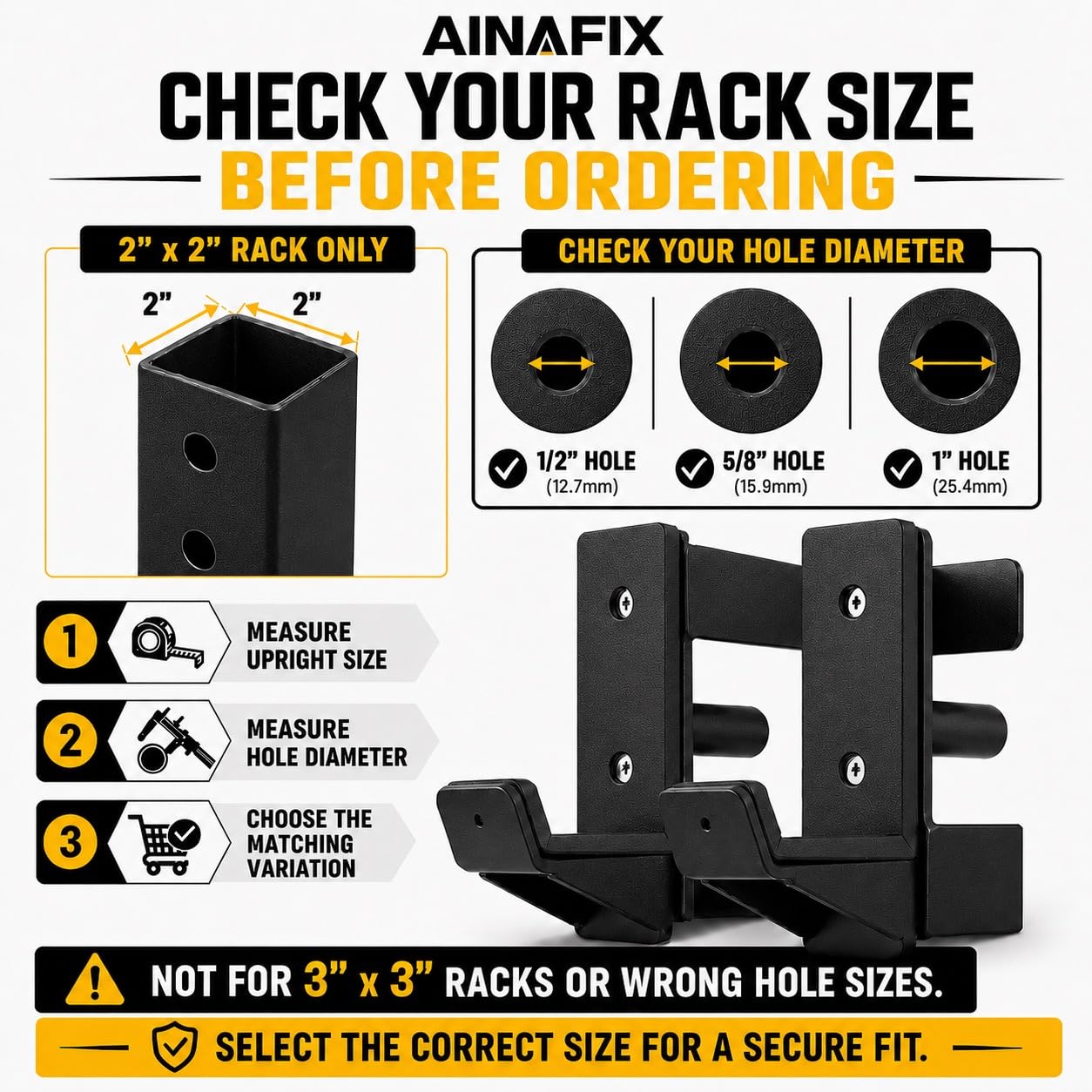 AINAFIX J Hooks for 2" x 2" Power Rack with 5/8" Hole, Rubber Pad J-Hook for Power Cage, Bottom Reinforced Steel J Cups for Squat Rack, Heavy Duty Barbell Holder, Black