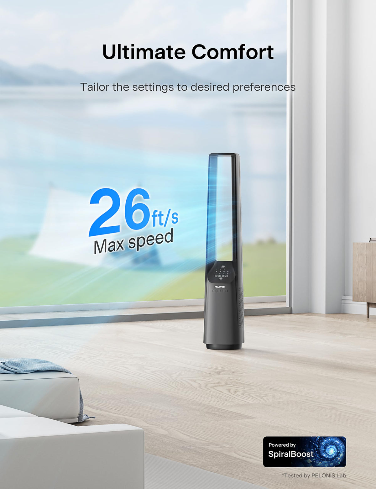 PELONIS 40" Smart Bladeless Fan for Bedrrom - Tower Fan, Alexa/Google/WiFi, DC Motor, 6 Speeds, 4 Modes, Remote, 7H Timer, 90° Oscillation, Safe for Home and Office