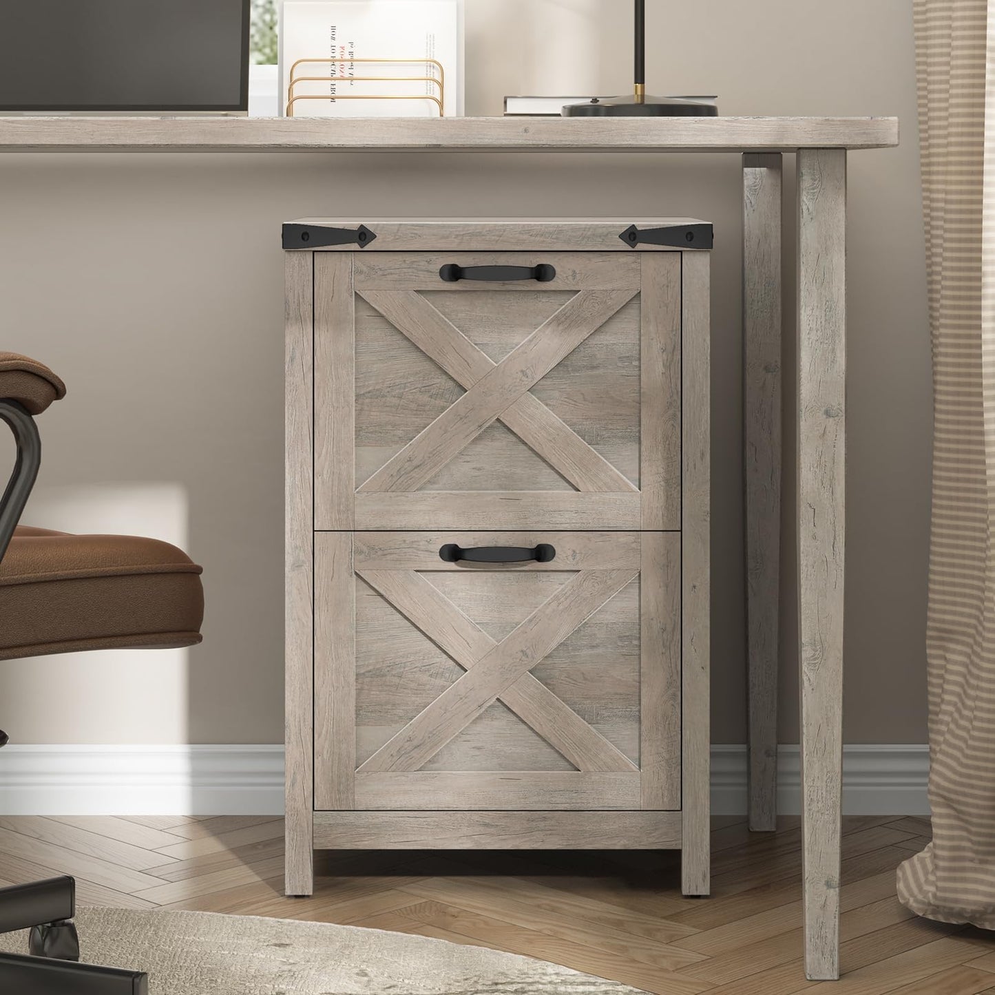 Halitaa 2 Drawer Small File Cabinet, Farmhouse Vertical Filing Cabinet Fits Letter and A4 Size, Under Desk Wooden File Cabinets for Home Office, Printer Stand, Grey