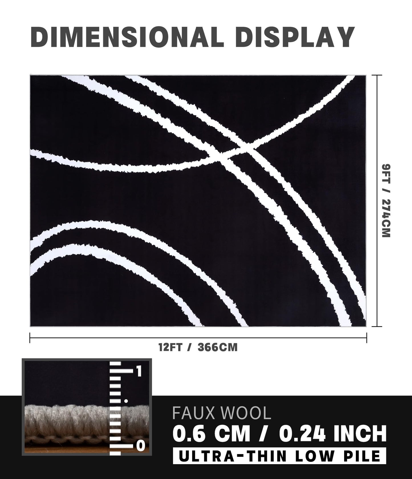 YIHOUSE Black Modern Area Rugs 9x12,Large Black and White Washable Rug for Living Room,Minimalist Striped Area Rug,Thin Abstract Geometric Rug 9x12 for Bedroom,Kitchen,Office