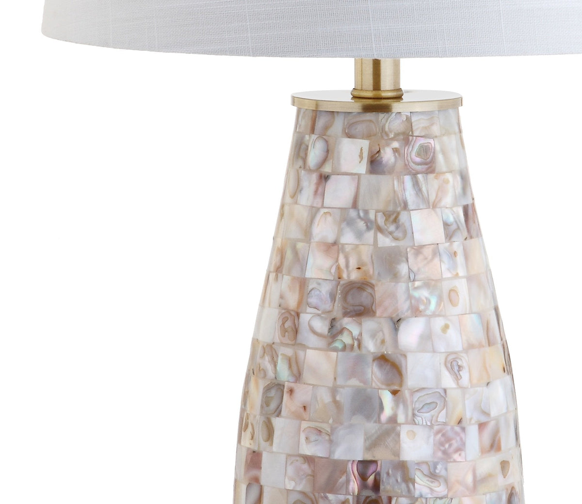 JONATHAN Y 28" Natural Mosaic Seashell Table Lamp, Coastal Contemporary Resin Lamp for Living Room Bedroom, White Linen Shade, Brass Gold Accents, LED Bulb Included JYL4005A
