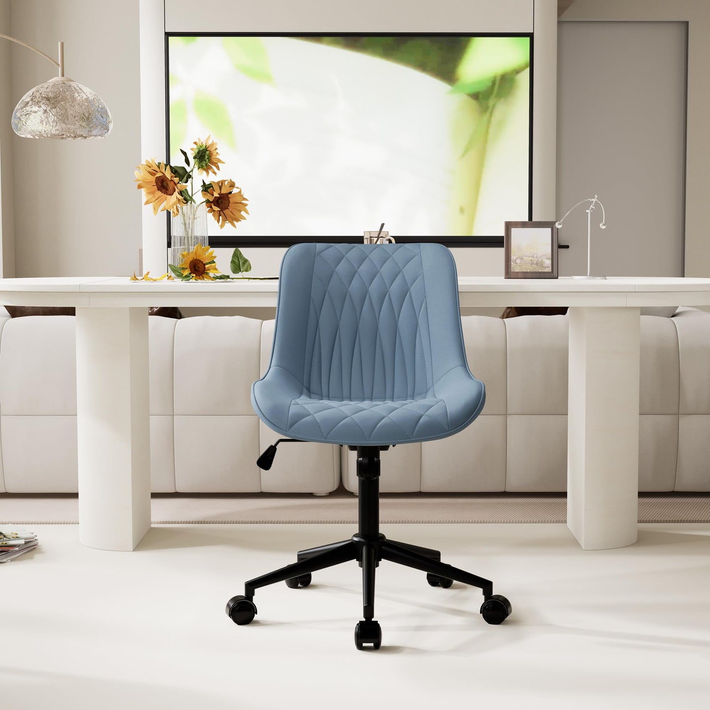 YOUNIKE Blue Ergonomic Home Office Desk Chair No Arms Comfy Small Criss Cross Chair with Wheels Swivel Adjustable Modern Vanity Chair with Back Armless Cute Leather Upholstered Rolling Task Chair