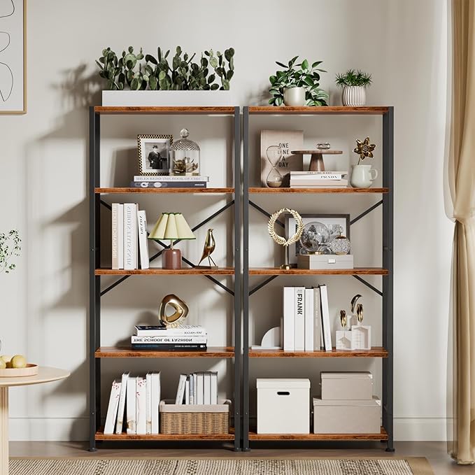 Furologee 5 Tier Book Shelf Set of 2, Tall Wide Bookshelf, Industrial Open