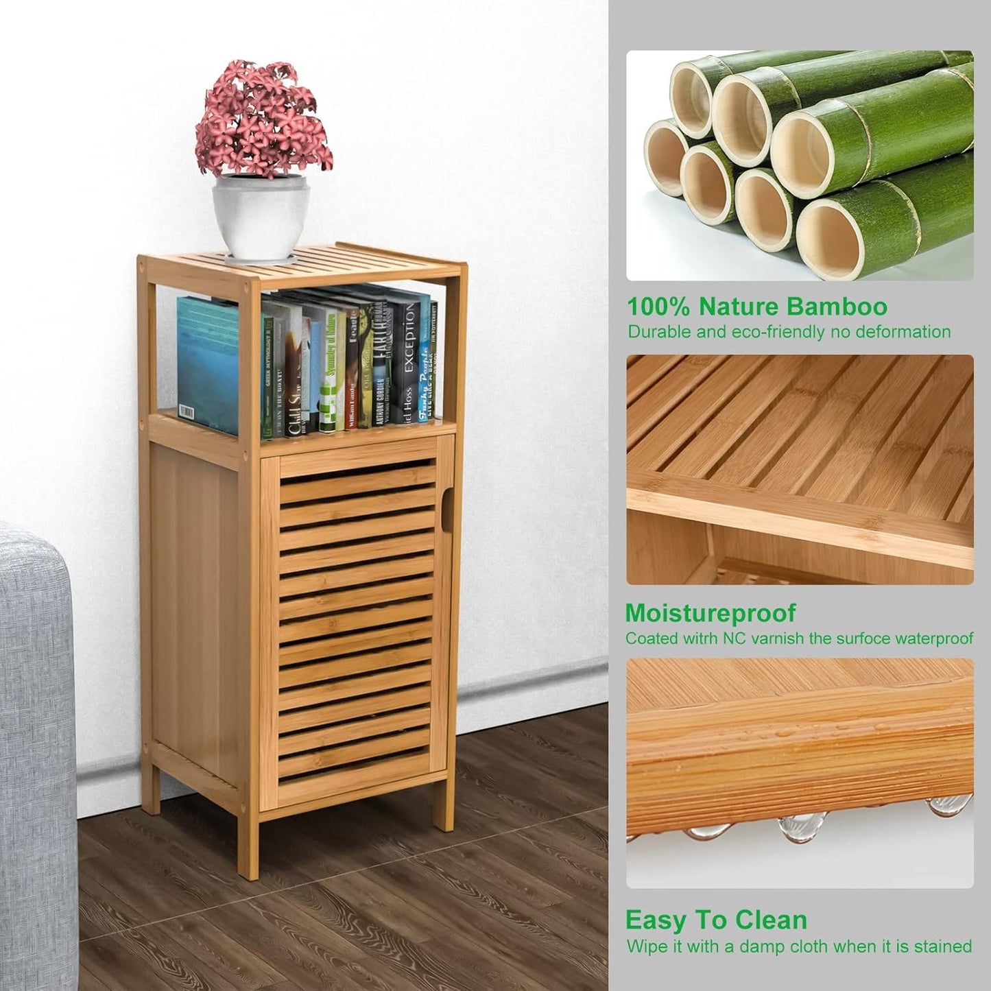 FoverOne Bathroom Bamboo Storage Cabinet, Freestanding Floor Cabinet with Door and Shelf for Bathroom, Living Room, Bedroom, Hallway, Kitchen