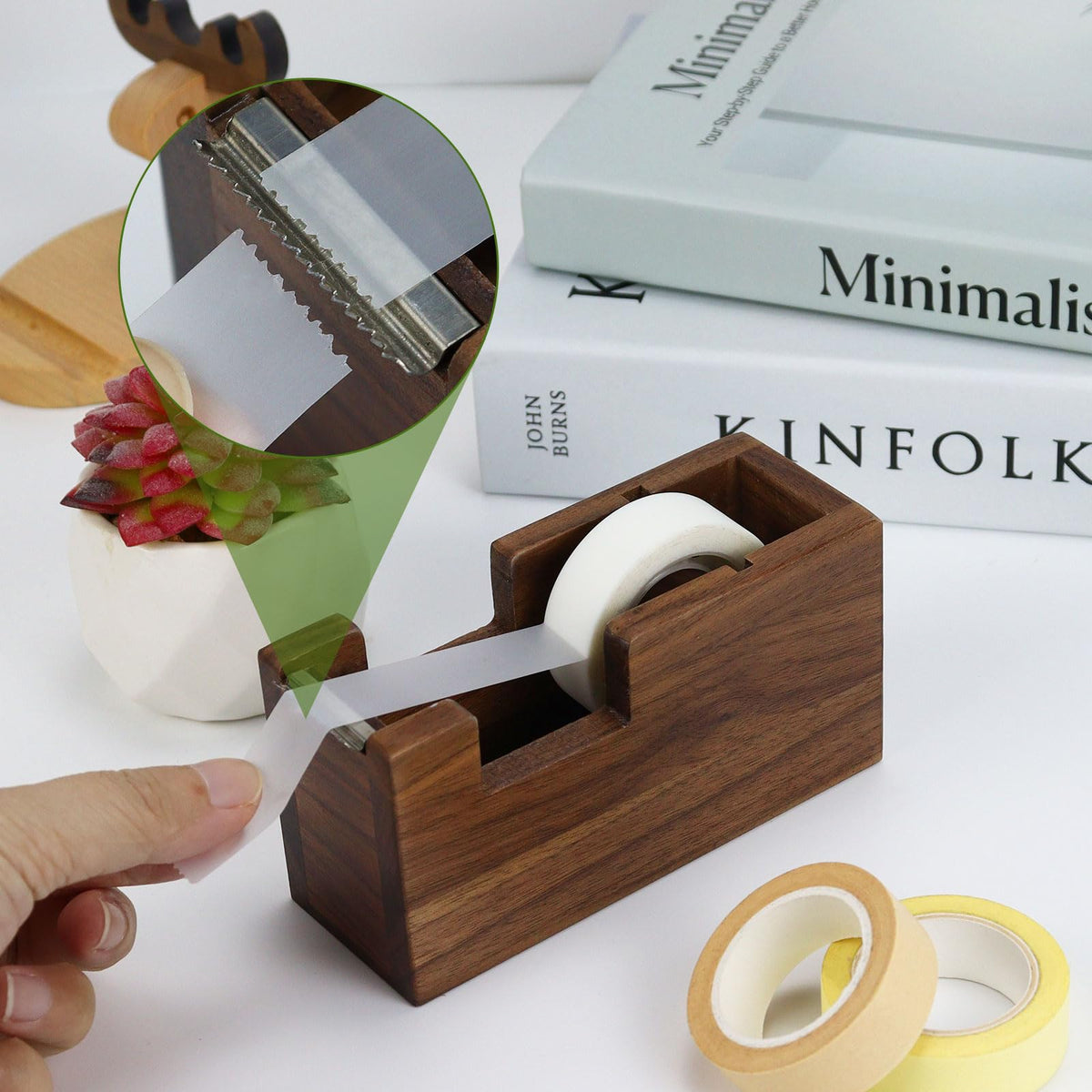 Buqoo Wood Desk Tape Dispenser Natural Walnut Wood Tape Desk Dispenser Cute Packing Tape Dispenser Sturdy and Stylish Adhesive Tape Holder for Office and Home Use (Black Walnut)