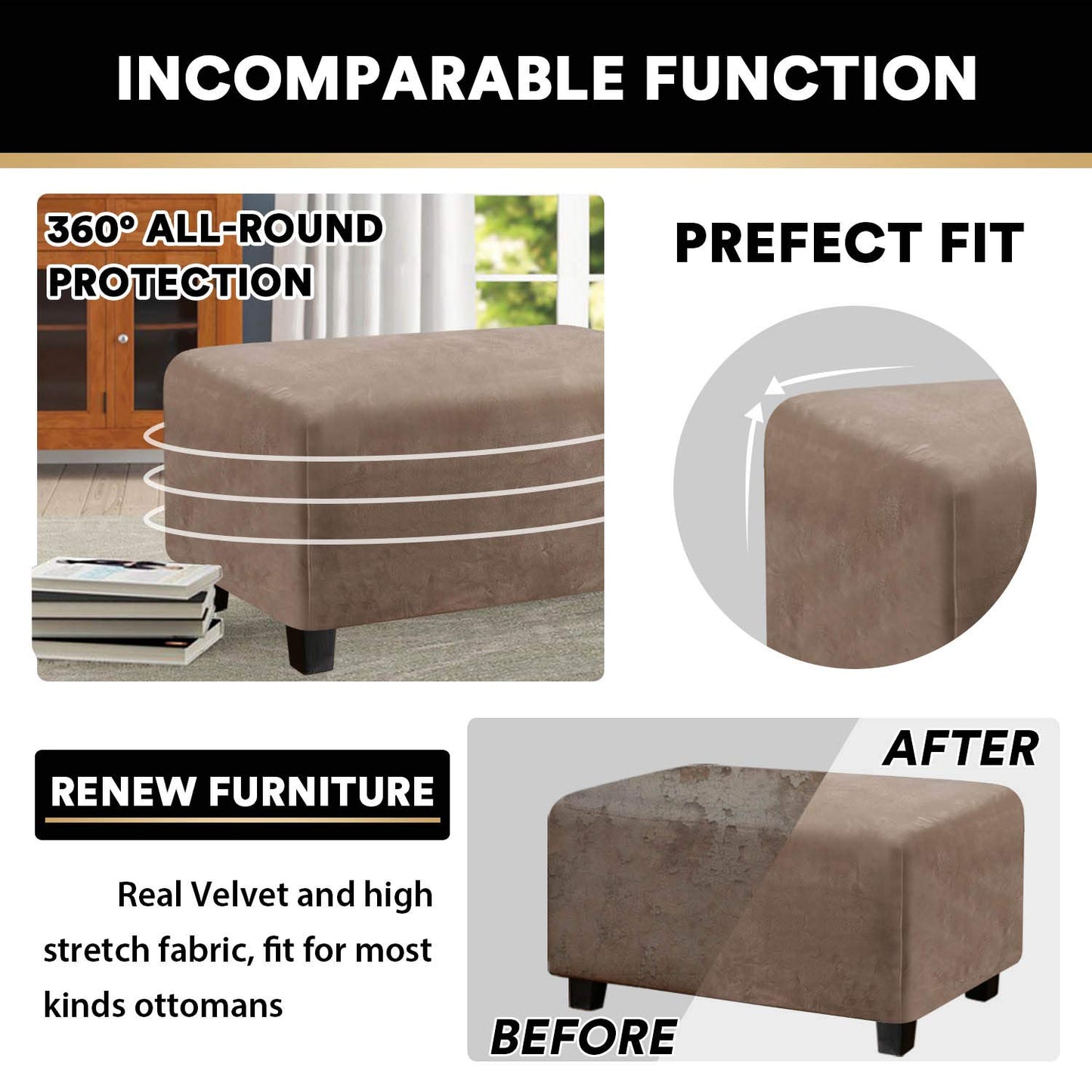 PrinceDeco Real Velvet Plush Ottoman Cover Soft Rectangle Folding Storage Covers Furniture Protector Removable Footstool Protect Footrest Covers Elastic Bottom(Large, Taupe)