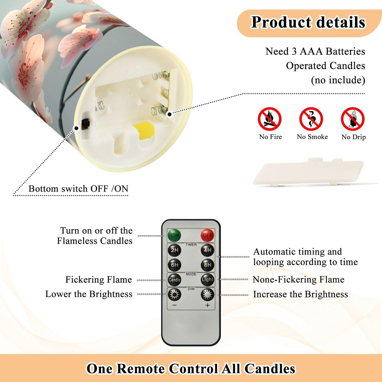 ALAZA Spring Pink White Flower Branches Flickering Flameless Candles Battery Operated with Remote Timer,Tea Light Candles LED Pillar Votive Set of 2 for Outdoor Indoor Decorations 3" x3.9"