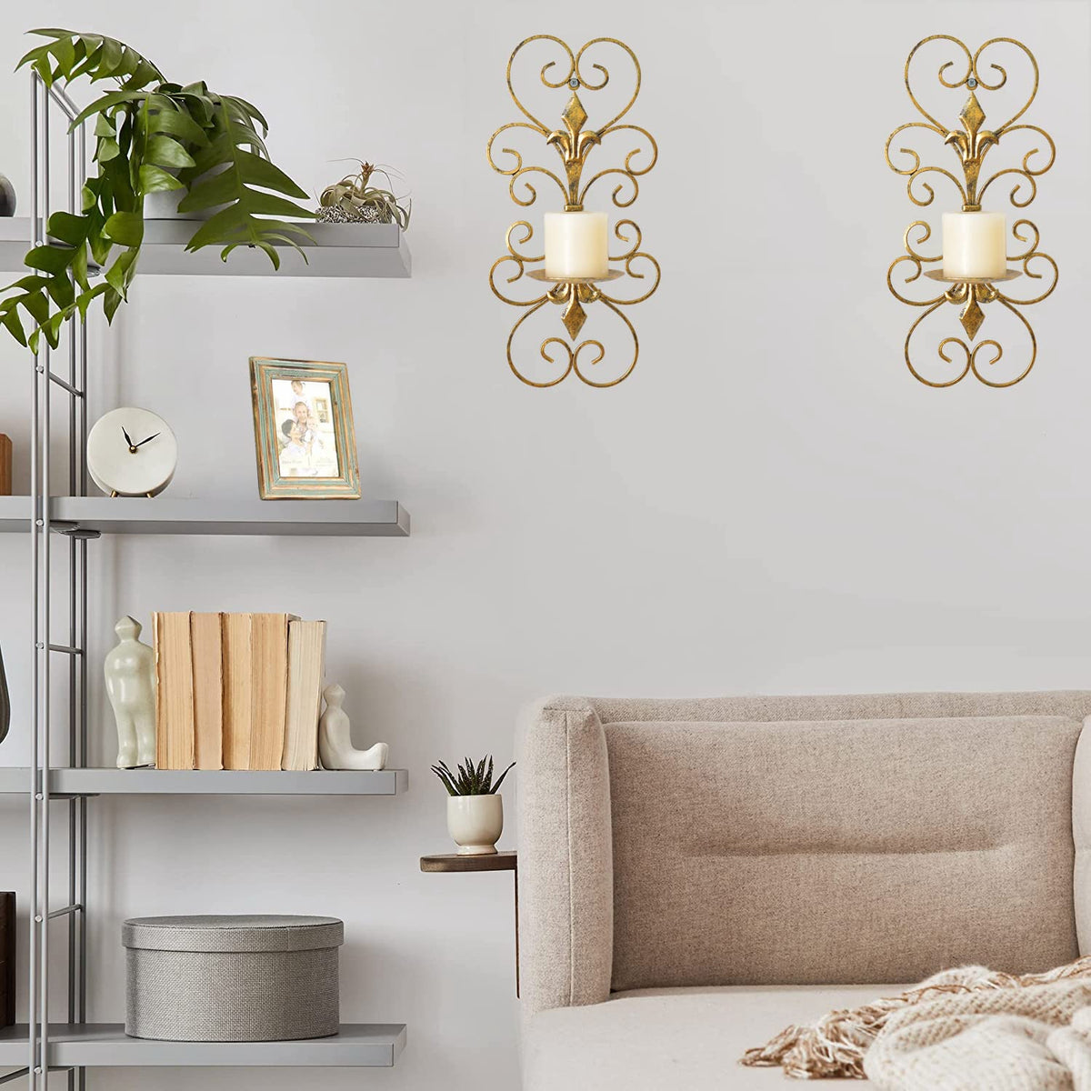 JUCONSIN Set of 2 Wall Sconces Candle Holders Metal Wall Decoration Hanging Wall Mounted Candle Sconces for Home Decor Bedroom Dining Room, Antique Gold