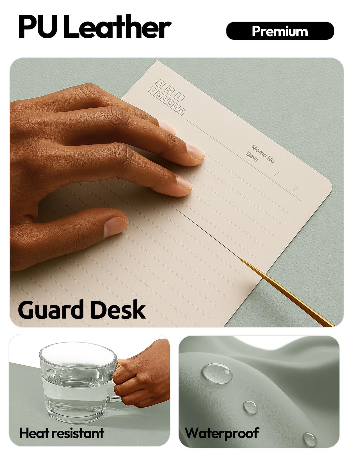 YSAGi Leather Desk Protector, Office Mat, Large Mouse Mat, Non-Slip PU Leather Blotter, Laptop Pad, Waterproof Writing Pad for Office and Home (Grayish Green, 31.5" x 15.8")