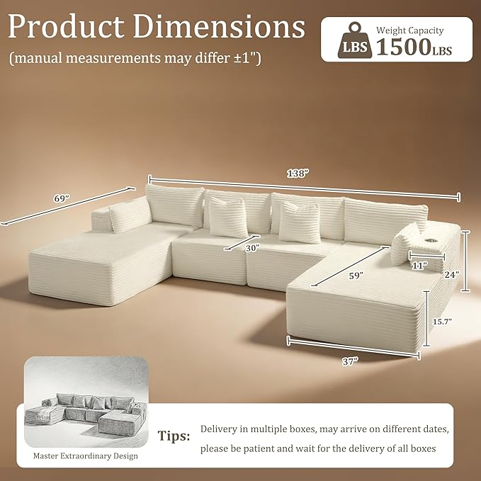 138" Cloud Sectional Couch, Comfort U Shaped Sofa