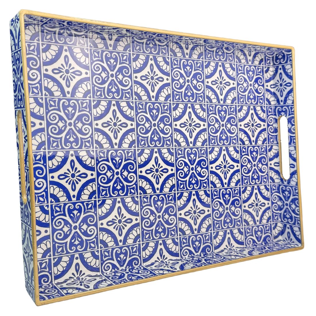 Umisriro Serving Tray with Handles, Rectangular Decorative Trays for Coffee Table, Plastic Ottoman Tray for Living Room, Decor, Boho Blue, 15.7”*11.8”*1.6"