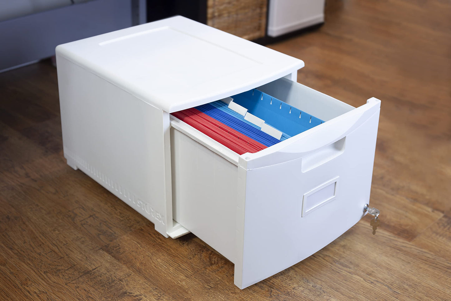 Storex Plastic One-Drawer File Cabinet – Locking Document Organizer for Home and Office, White, 1-Pack (61271B01C)