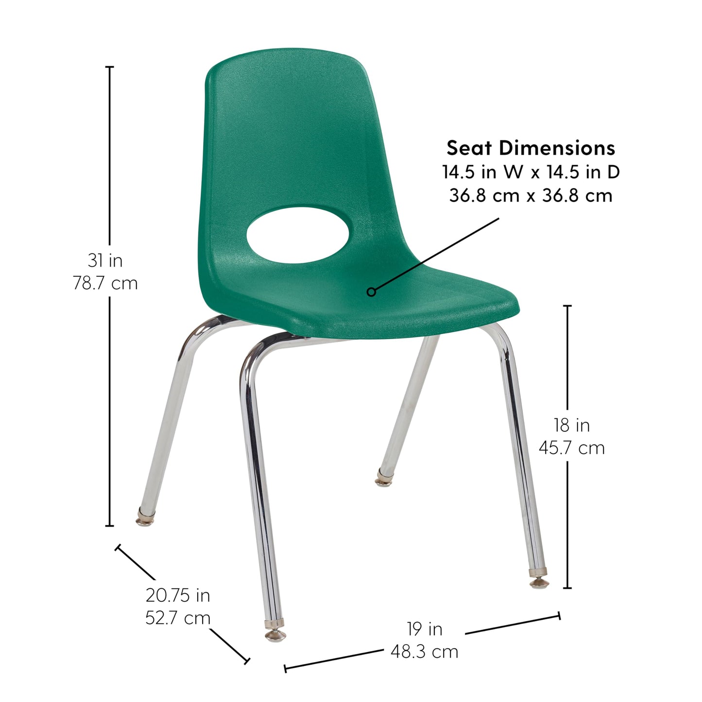FDP 18" School Stack Chair, Stacking Student Seat with Chromed Steel Legs and Nylon Swivel Glides For In-Home Learning, Classroom or Office - Green (5-Pack), 10371-GN