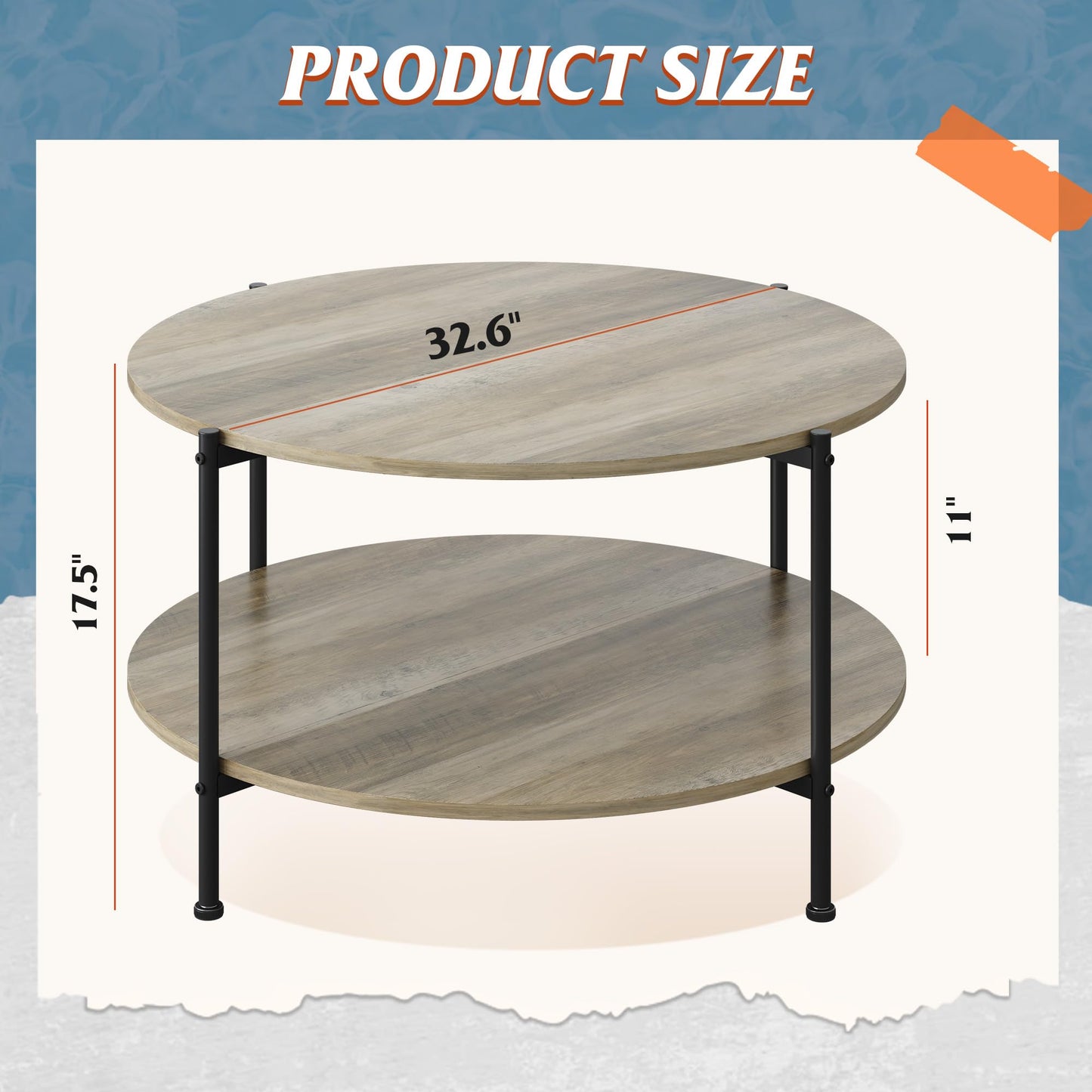 WLIVE Round Coffee Table, 32.6" Small Coffee Table with Storage Shelf, 2-Tier Circle Wood Center Table for Living Room, Apartment, Rustic Brown (Grey, 32.6" D x 32.6" W x 17.5" H)