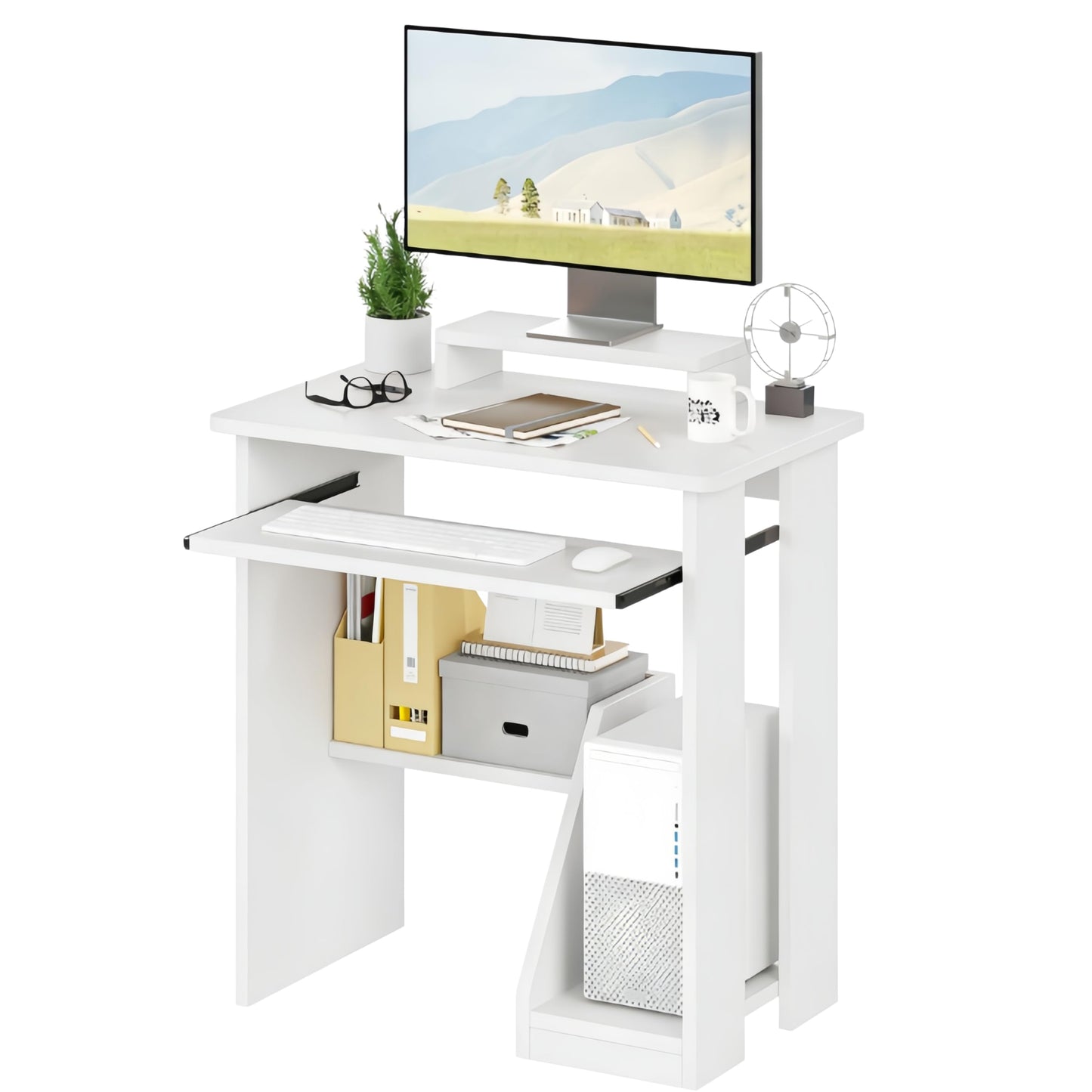 ALISENED Computer Desk, 30 Inch Compact Desk with Keyboard Tray & Monitor Stand for Space-Saving, Ergonomic Study Desk with Storage Shelves for Writing, Gaming, Working, White