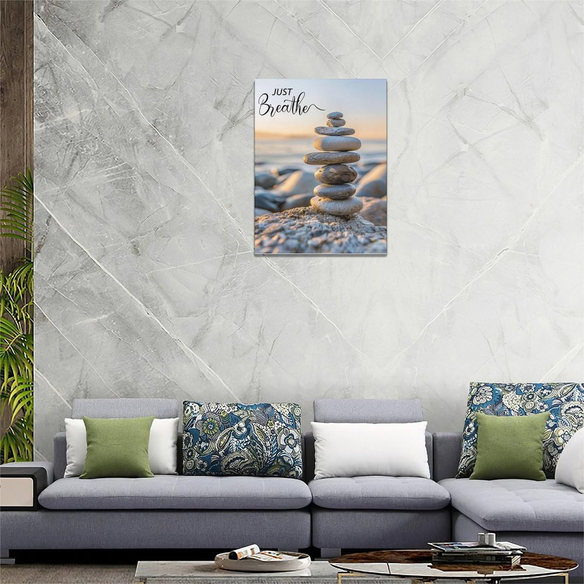 Zen Wall Art Spa Stone Just Breathe Pictures Canvas Wall Decor Meditation Yoga Painting Peaceful Home Modern Artwork Decorations Framed for Bathroom Bedroom Living Room Office 12 x 16 inch