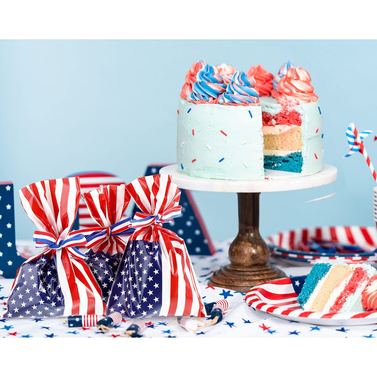 Tenare 100 Pcs Patriotic Gift Cellophane Bags Bulk 4th of July Plastic Red White Blue Flag Treat Goodie Bags 250th Anniversary Treat Goodie Candy Pouches with Ribbon for Independence Day Party Favors