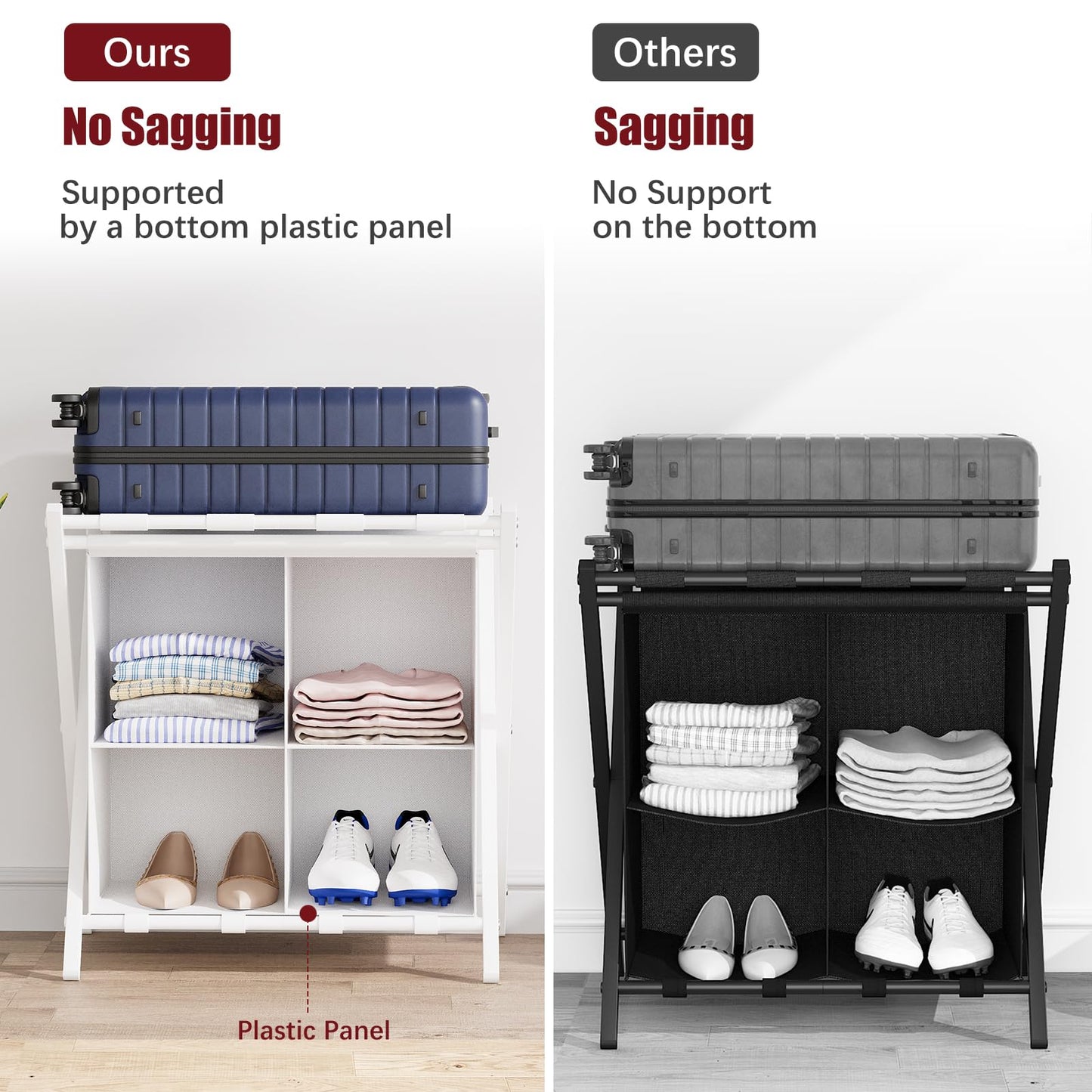 aboxoo Luggage Rack with storage, Guest Room Folding Suitcase Stands, Holds up to 120 lb, Space Saving Suitcase Holders for guest room, Bedroom Hotel, White
