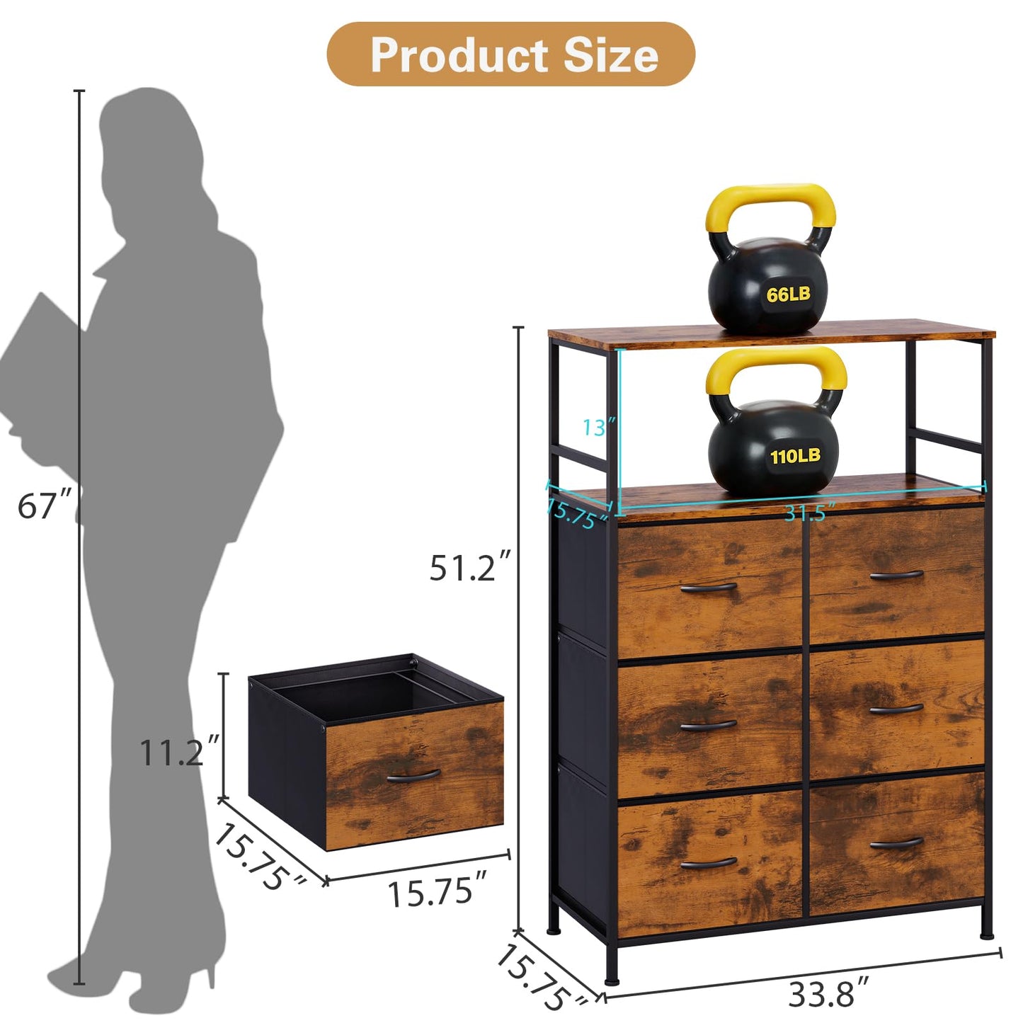 DreamDashio 51" H Tall Mobile File Cabinet, Rolling Printer Stand with 6 Drawers, Adjustable Hanging Rails for A4/Letter/Legal Files, Fabric Vertical Filing Cabinet for Home Office, Rustic Brown