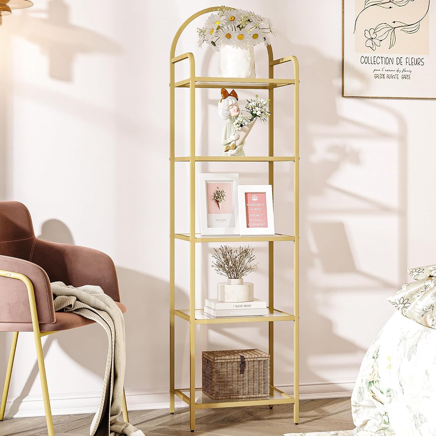 Hzuaneri Bookcase Bookshelf, Tempered Glass Bookshelves, Slim Shelving Unit for Bedroom, Bathroom, Home Office, Steel Frame, 5 Tier Gold BC05001G