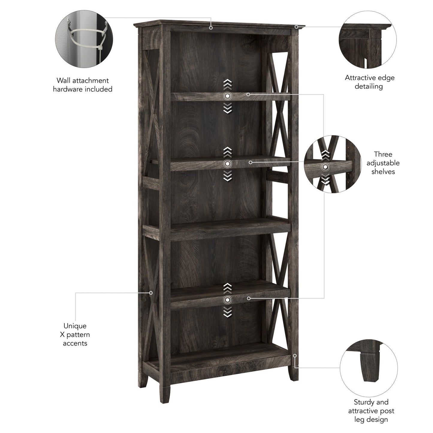 Bush Home Tall 5 Shelf Bookcase for Living Room or Home Office, Large Bookshelf, Modern Farmhouse Style, Key West Collection, Dark Gray Hickory