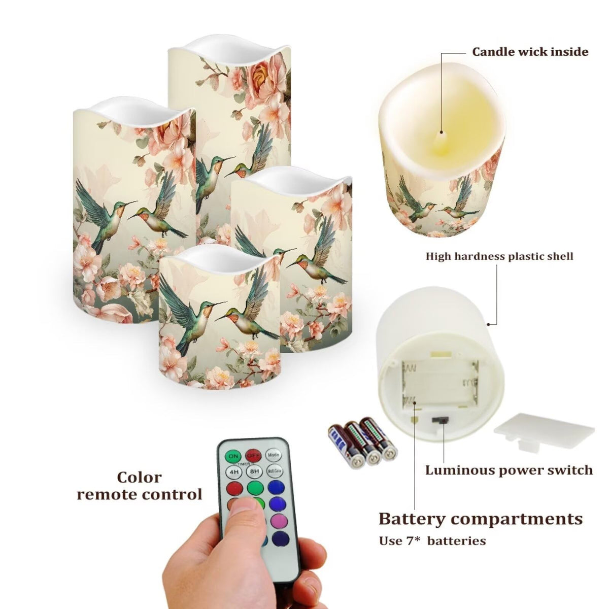 Cozeyat Hummingbird Fake Pillar Candles with Remote 4 Pack Battery Operated Color Changing LED Flameless Candles Waterproof for Indoor Outdoor Beach Wedding