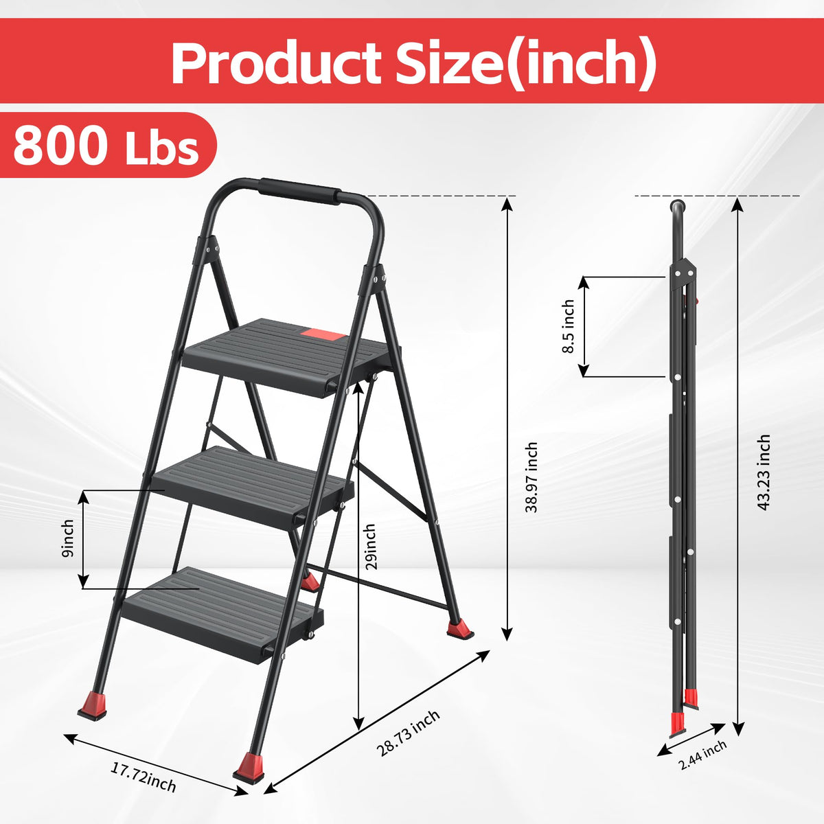 Foldable Step Ladder Folding Stool - 800Lbs Heavy Duty with Handrails for Home Adults Kitchen 3 Stepping Extension Tall - Indoor House Closet Stepstool Stair Ladders Extendable Stepladder
