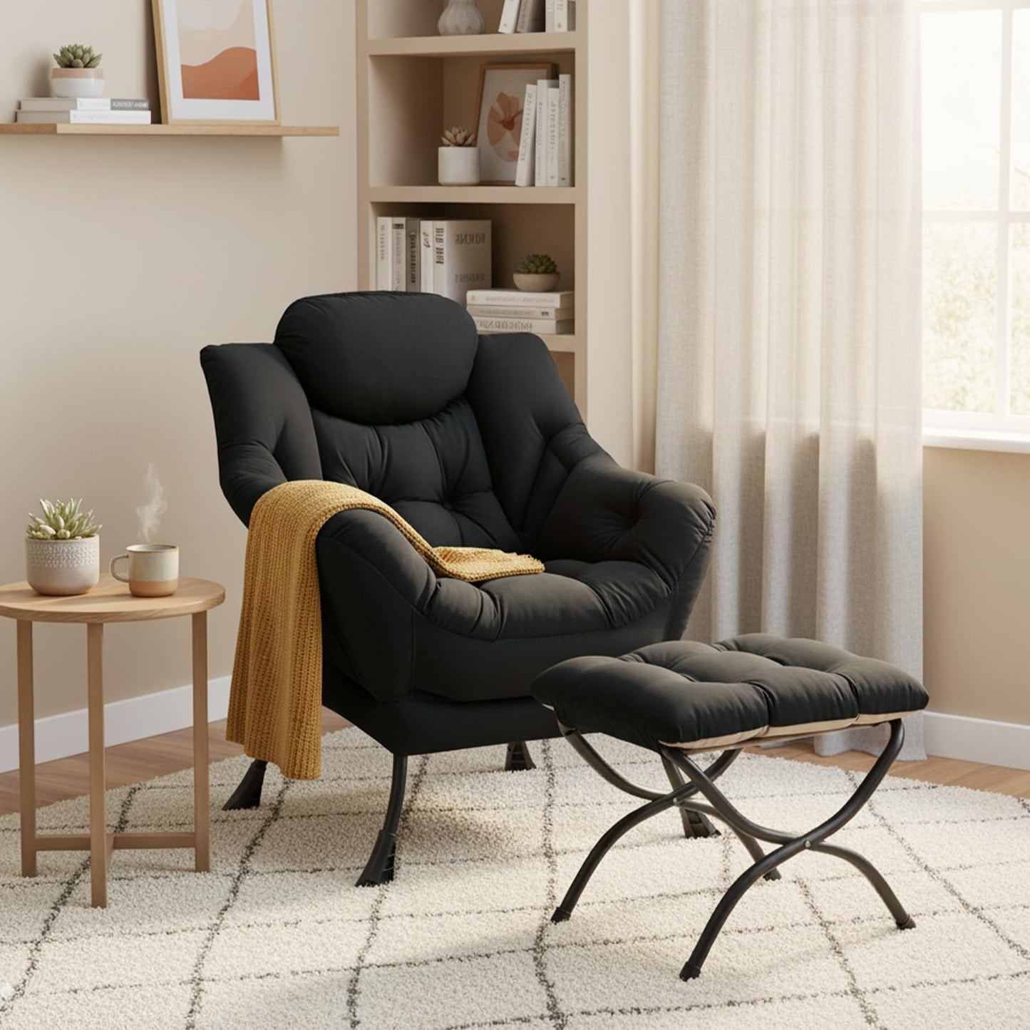 SESHINELL Lazy Chair with Ottoman, Modern Accent Chair Contemporary Lounge Leisure Sofa Chair with Armrests, Reading Chair and Folding Footstool Set for Living Room, Bedroom, Office, Black