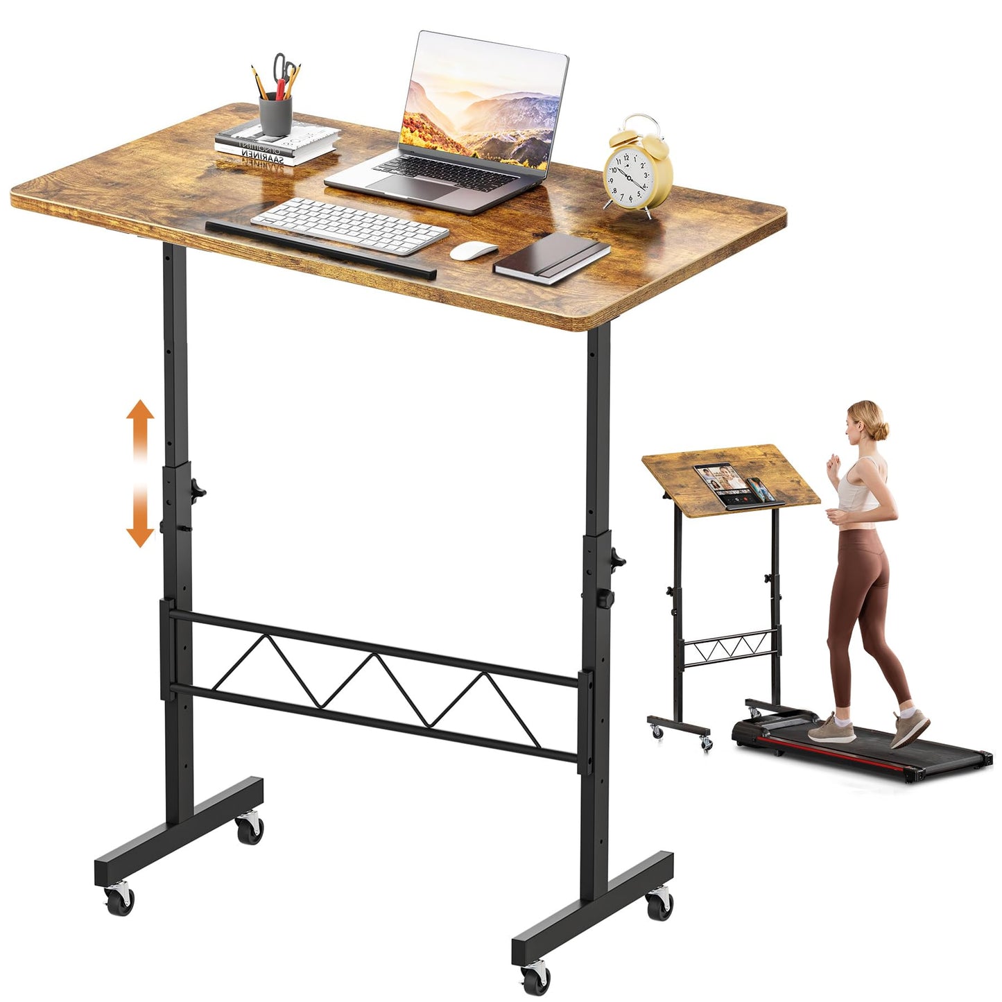 COMHOMA Standing Desk Adjustable Height & Tiltable Tabletop, Portable Stand Up Desk for Laptop, Mobile Folding Desk for Home Office Work and Walking Pad Treadmill, Height 30.7"-46.4", Brown