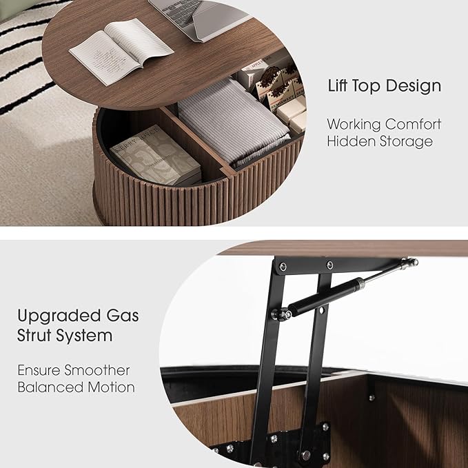 SULIVES Oval Coffee Table with Storage, Small Fluted Center Table