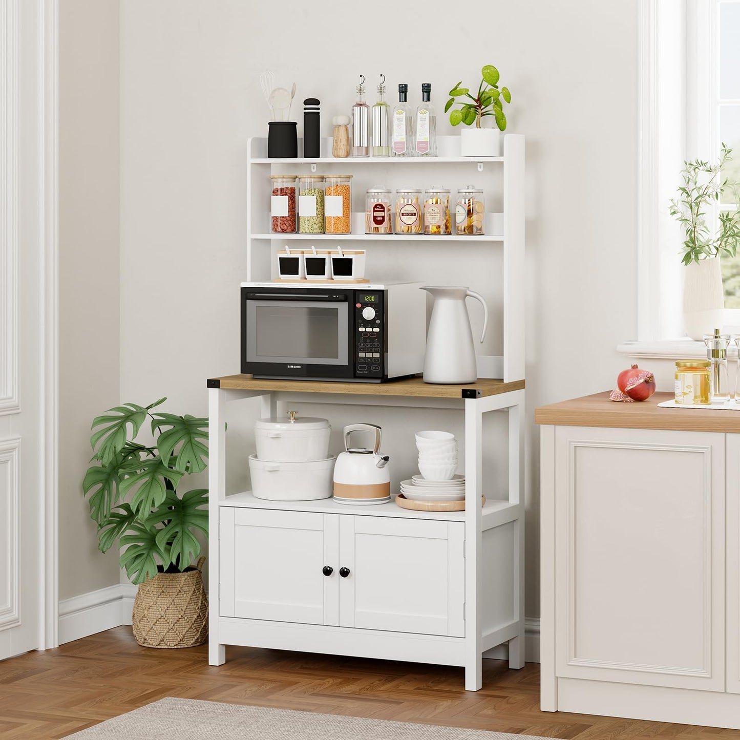 Lomojo Microwave Stand Bakers Rack Cabinet, Freestanding 5-Tier Kitchen Shelves, Farmhouse Floor Hutch Door Thickened Counter,Utility Storage Shelf, Coffee Bar(White and Brown)