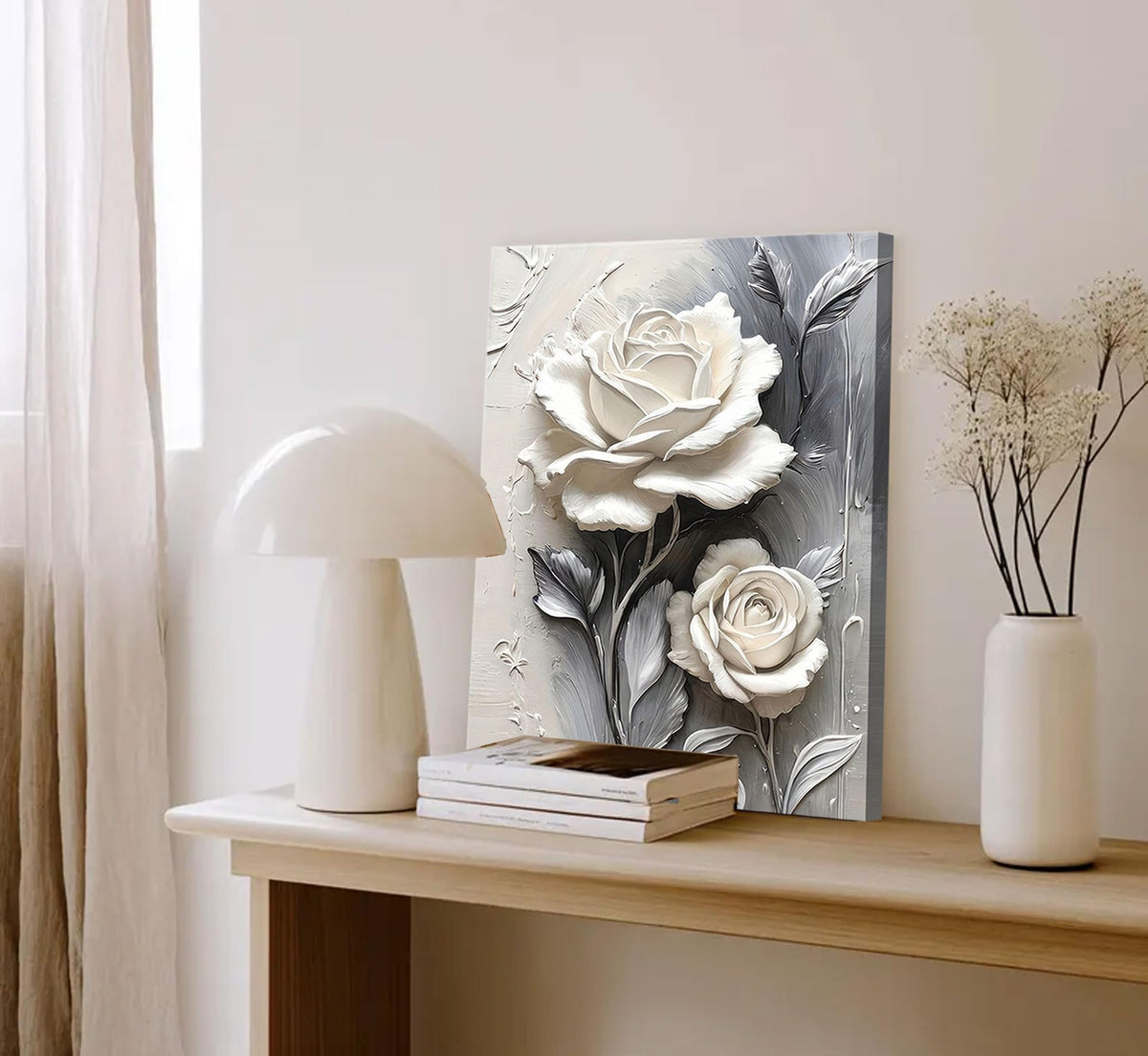 Elegant White Rose Canvas Wall art Modern Abstract Floral Wall Decor Picture White Blooming Flowers Poster Print Painting for Office Living Room Bedroom Bathroom Home Decorate Prepare To Hang