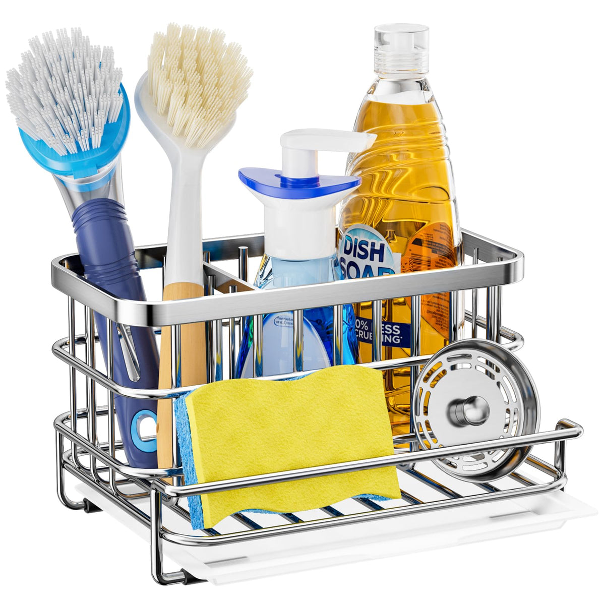 HapiRm Kitchen Sink Organizer, SUS304 Stainless Steel Rustproof Multifunctional Large Sink Caddy with Sponge Holder and Drain Tray for Kitchen Countertop (Silver)