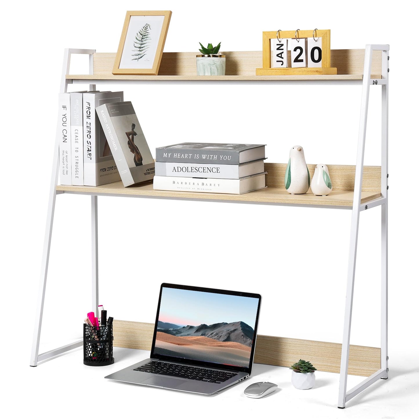 KIOMIMI 2-Tier Desktop Bookshelf & Hutch - Fits Over Large Monitors - Modern Desk Organizer with Metal Frame - Vertical Storage for Small Desks, Home Office, Dorm, Makeup Vanity (Blonde Wood/White)