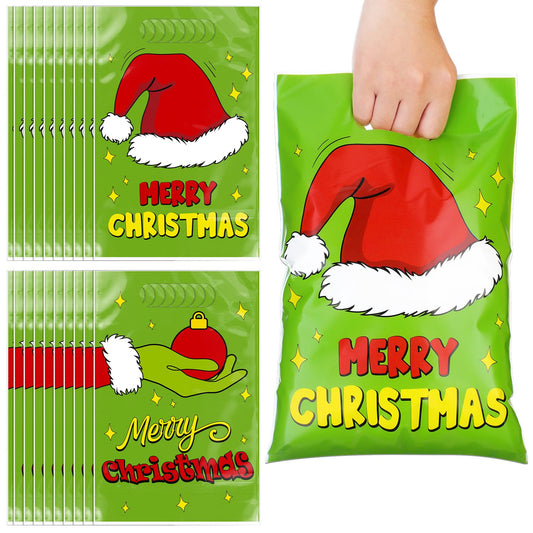 Supervitae 50 Pcs Merry Christmas Gift Bags with Handle Green Elf Xmas Goodie Bags Funny Cartoon Character Candy Bag for Xmas Snack Cookie Packing Party Favors