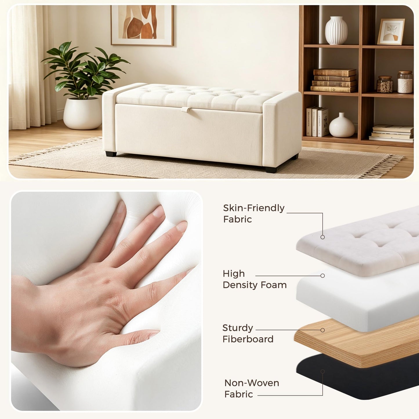 2BYF 47" Beige Storage Ottoman, Multi-Functional Shoe Bench Seat for Living