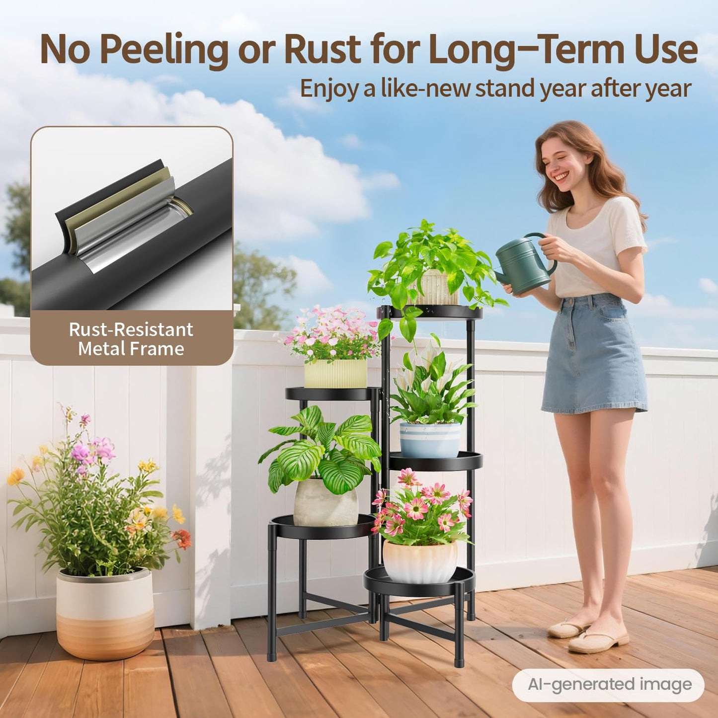 LASZOLA 5 Tier Large Plant Stand Indoor Tall with 10 Inch Metal Tray, Corner Folding Flower Display Rack, Modern Plant Holder Shelf for Outdoor Patio Porch Garden Office Living Room, Black