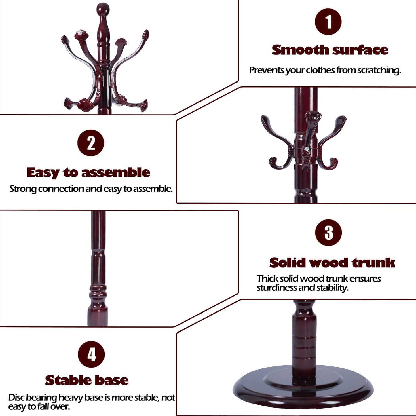 Sauqzoh Coat Racks Free Standing with 14 Hooks, Natural Wood Coat Stands for Entryway, Adjustable Height 72 in Tree Coat Rack Stand for Hallway Home Office Bedroom (Mahogany Ruyi)