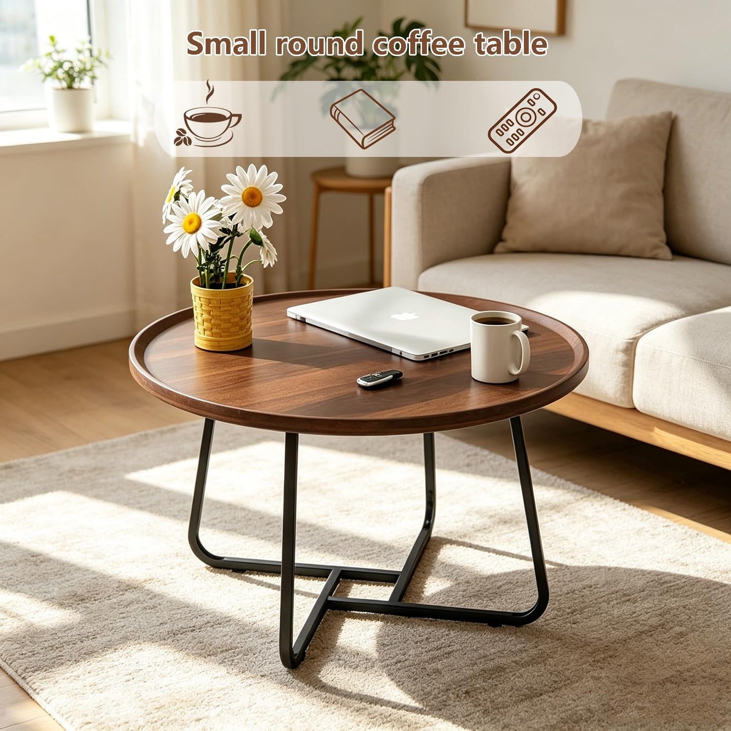 GTIWROTN Small Round Coffee Table, Wooden Surface Top & Sturdy Metal Legs Coffee Table with Fluted, End Table for Living Room Bedroom Office Balcony Yard (Walnut, 20 inches)