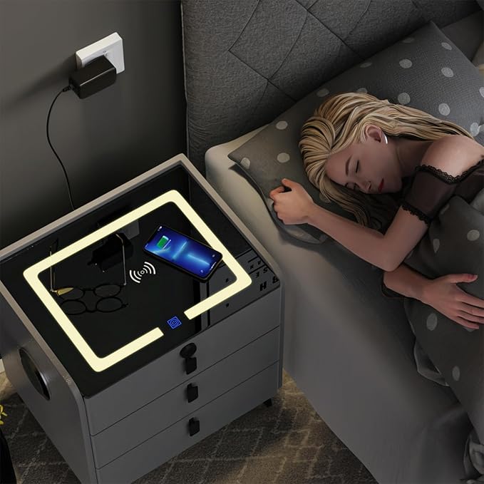 Smart Nightstand with Wireless Charging, with Fingerprint Lock Drawer, Night