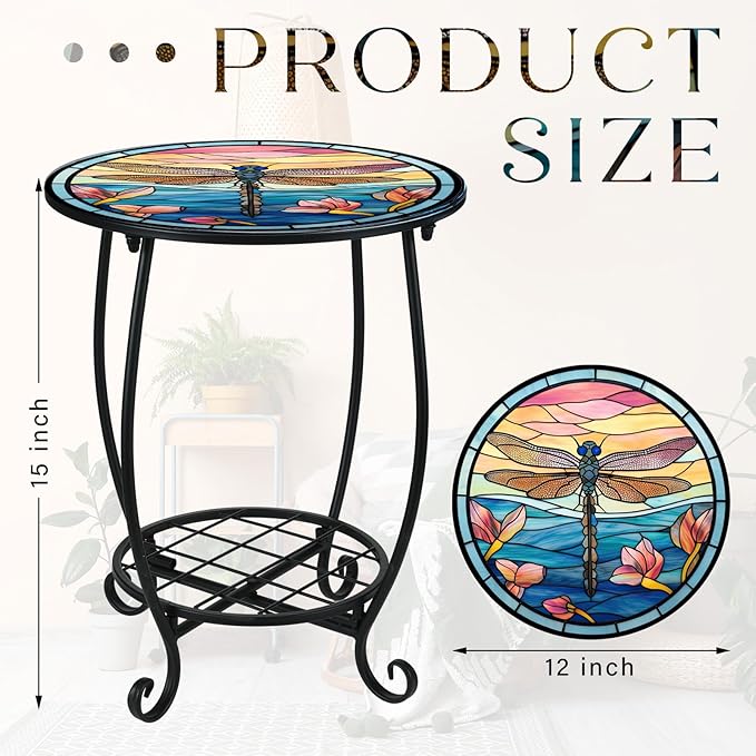 Cinnvoice Outdoor Side Table Round Small Mosaic Patio Accent Indoor End Plant