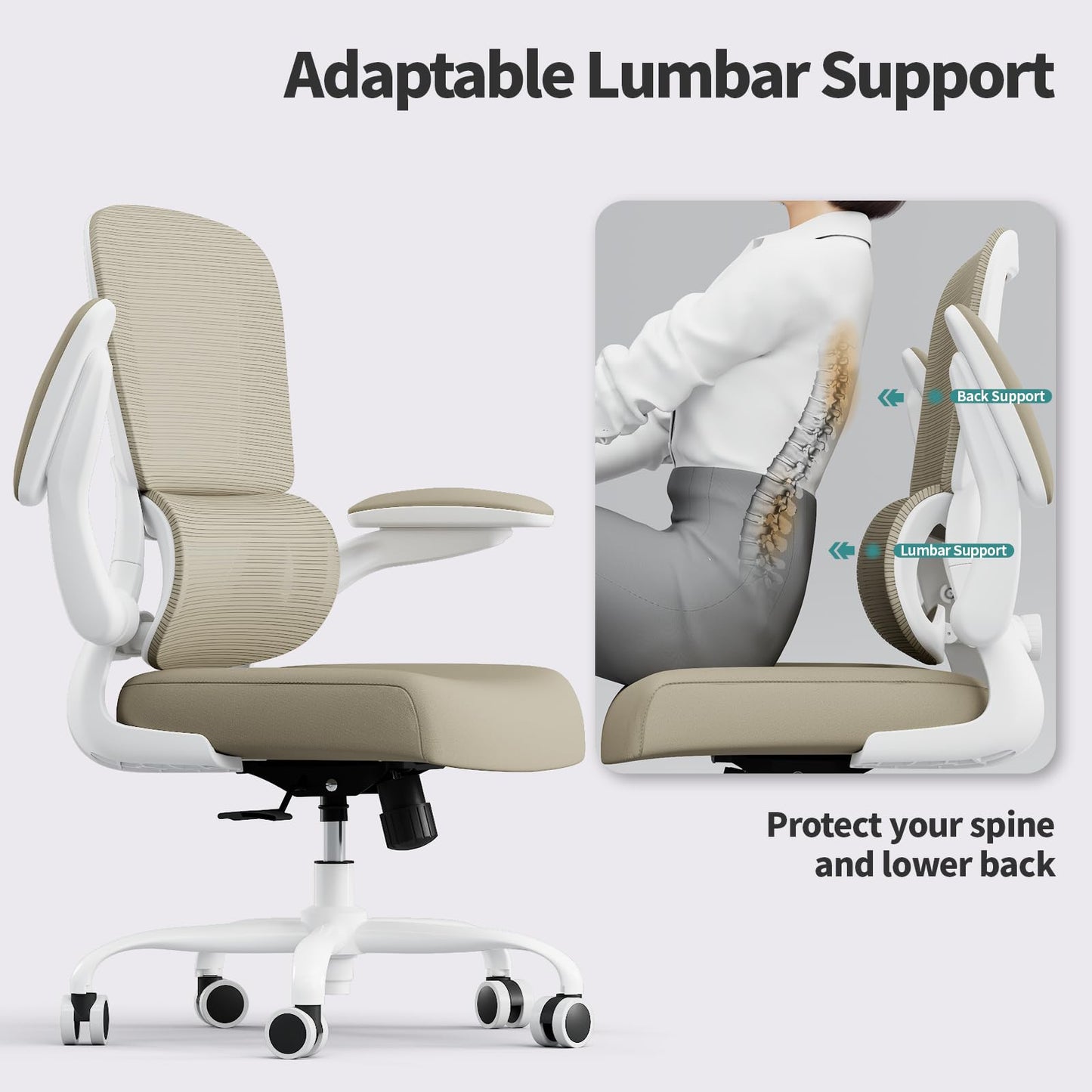 TRALT Office Chair - Ergonomic Desk Chair with Adjustable Lumbar Support, Mesh Computer Chair, Executive Chairs for Home Office Comfortable Lumbar Support,Khaki