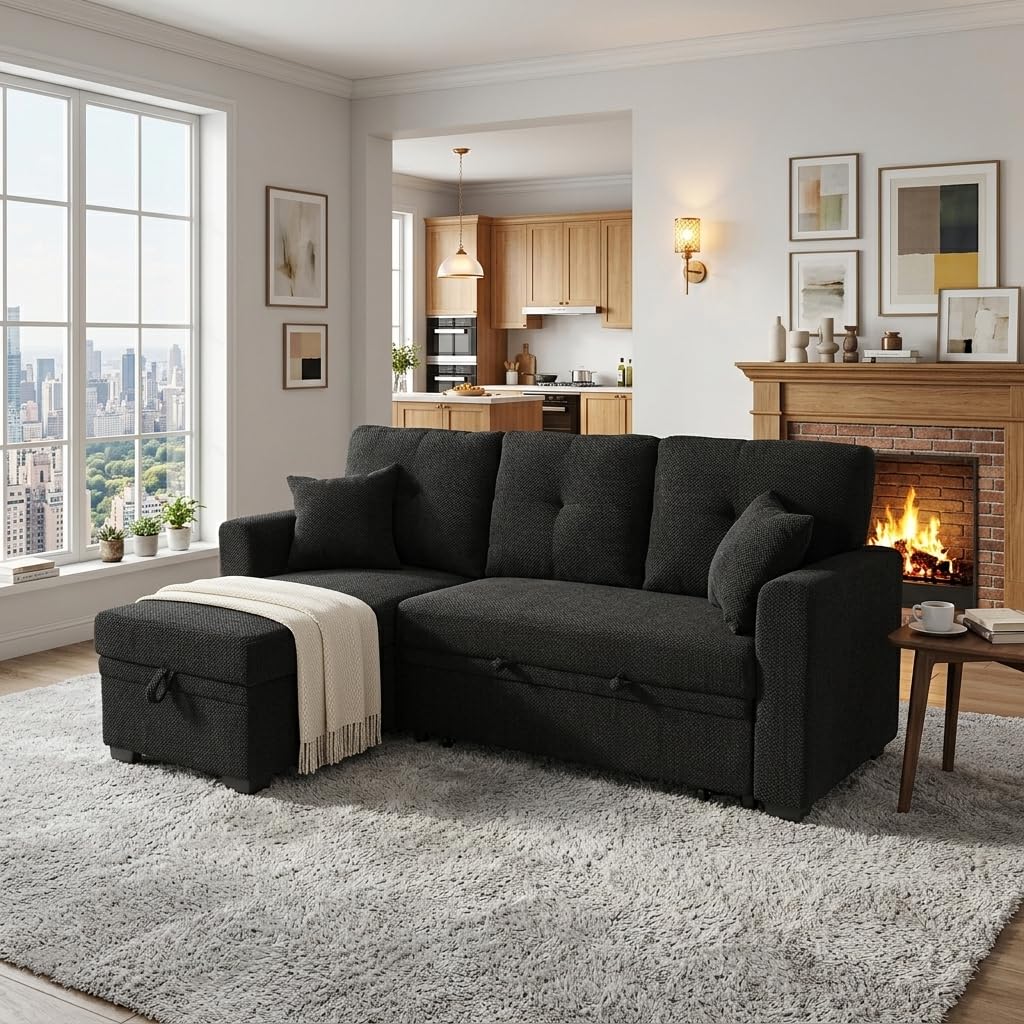 WuerQi 71" Sofa Bed with Queen Size Pull Out Couch, Sectional Sleeper Sofa with Reversible Storage Chaise, L Shaped Couch for Living Room, Apartment and Small Spaces (Black-L)