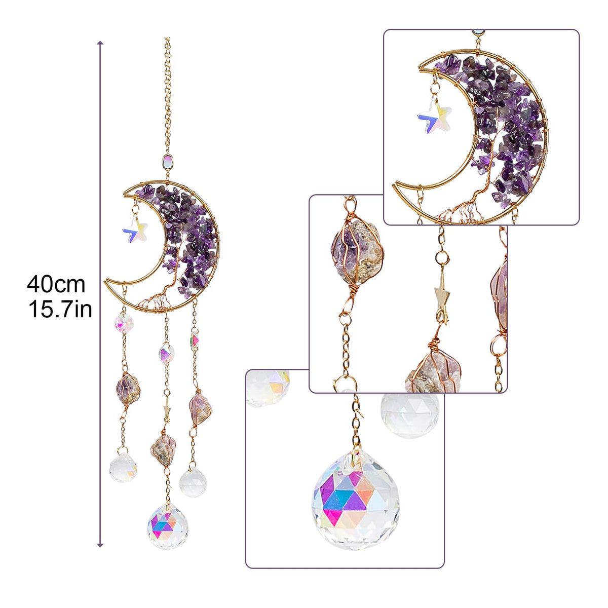 TUOKING Amethyst Crystal Moon Suncatchers for Window Hanging Tree of Life Natural Healing Stones Wind Chimes Sun Catcher Rainbow Maker Good Luck Gifts Decor for Home Garden