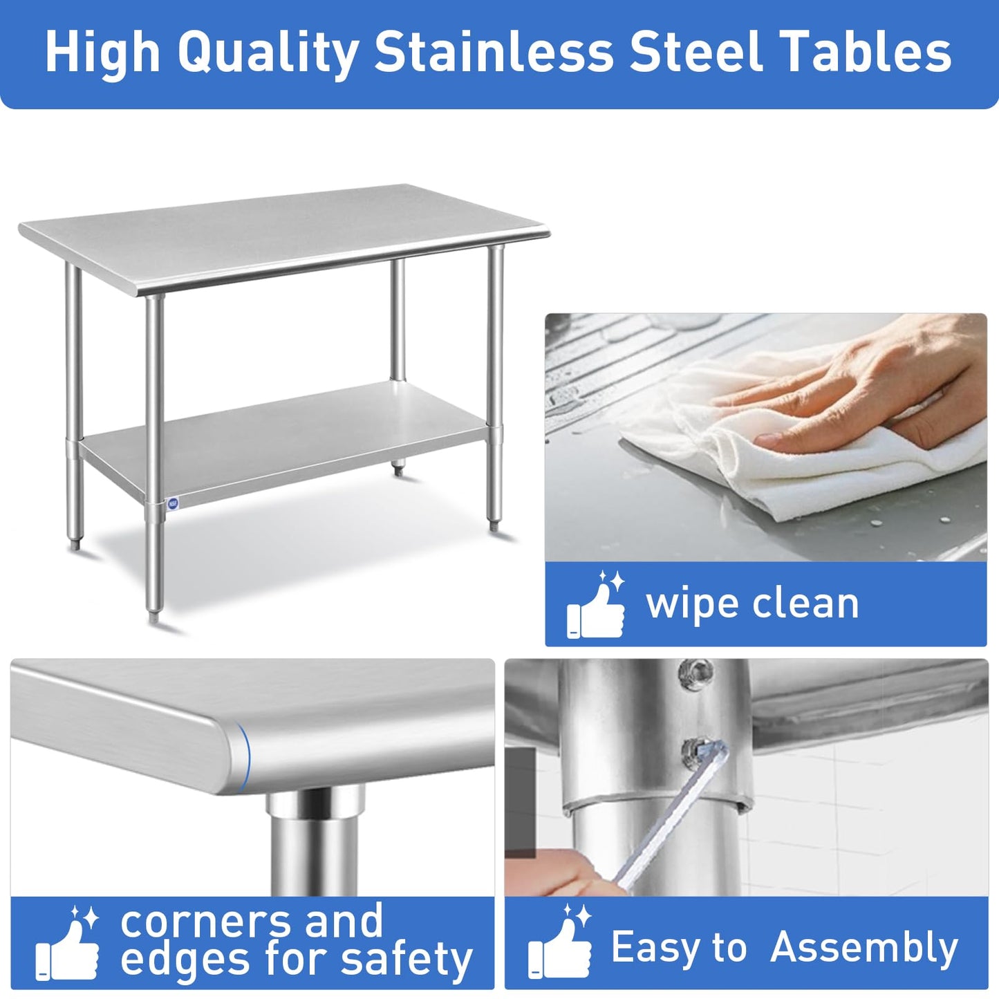ROCKPOINT Stainless Steel Table for Prep & Work 18x24 Inches, NSF Metal Commercial Kitchen Heavy Duty Table with Adjustable Under Shelf and Table Foot for Restaurant, Home and Hotel