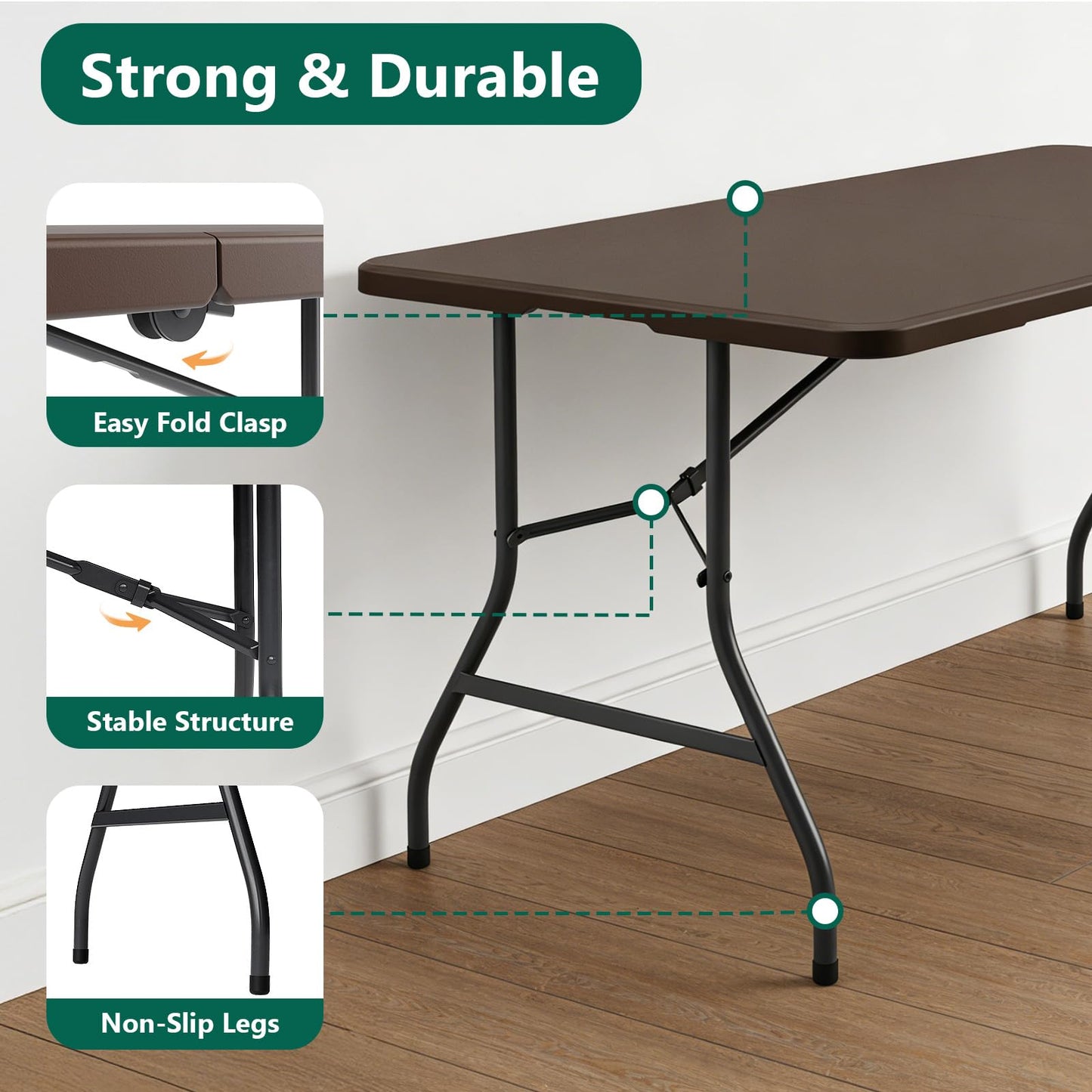 MAKE CHANGES Folding Table 5FT Heavy Duty Plastic Table with Handle, Foldable&Portable, Fold-in-Half Utility Tables for Outdoor, Dining, Wedding, Events, Indoor, Picnic, Camping, Party, Brown