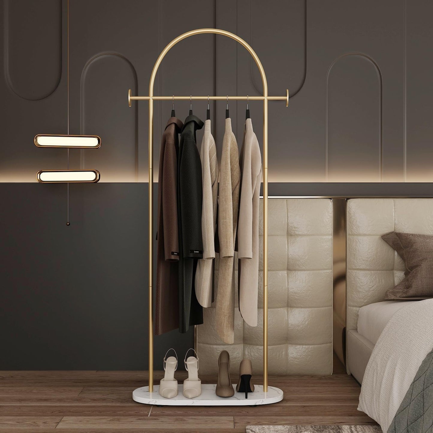 IronJiaZu Modern Gold Coat Racks with Marble Base, Gold Clothing Racks with Shelves, Heavy Duty Clothes Rack Stand for Entryway, Bedroom, Living Room, Boutiques