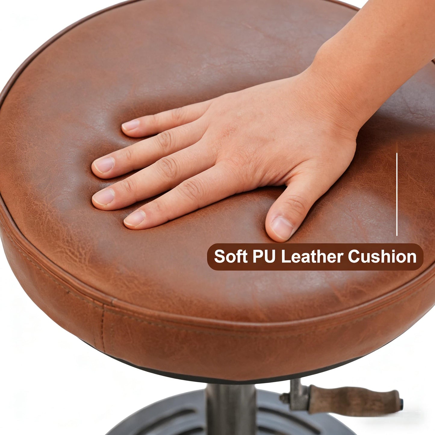 LOKKHAN American Antique Steampunk Deco Vintage Industrial Bar Cafe Stool, Retro Stylish Cast Iron Base Swivel Round Leather Top, Easily Adjusts by Crank Handle
